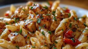 Hähnchen-Mozzarella-Pasta mit geschmolzenem Käse und frischem Basilikum garniert