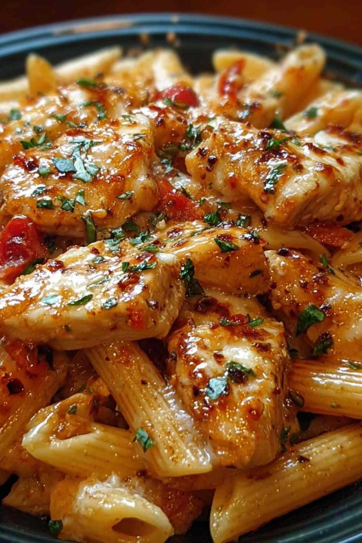 Hähnchen-Mozzarella-Pasta mit geschmolzenem Käse und frischem Basilikum garniert