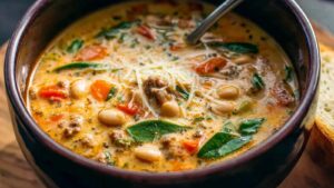 Herzhafte toskanische Suppe mit Kichererbsen und Spinat in rustikaler Schüssel serviert