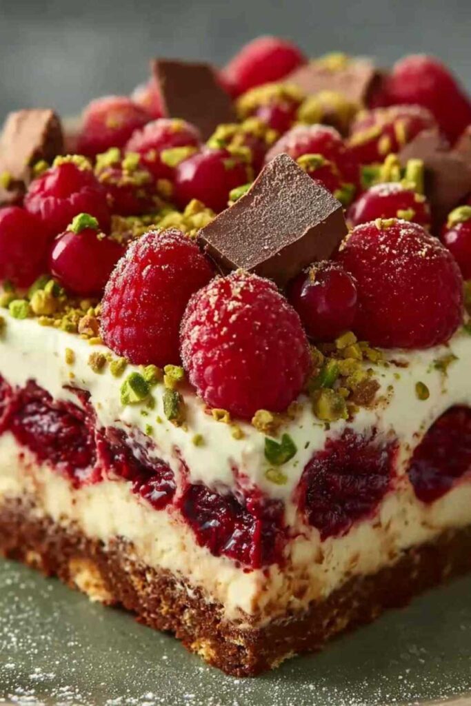 Himbeer Pistazien Tiramisu ohne Ei in transparenter Glasform mit sichtbaren Schichten