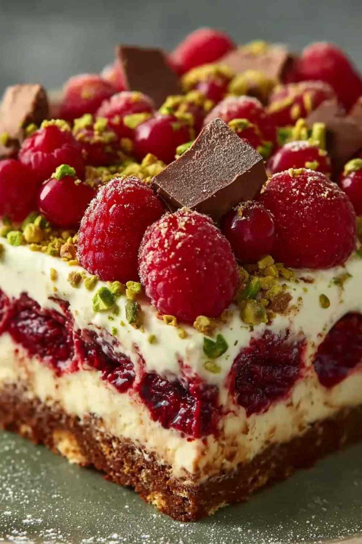 Himbeer Pistazien Tiramisu ohne Ei in transparenter Glasform mit sichtbaren Schichten