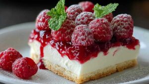 Himbeerwolke mit Mascarponecreme serviert in eleganten Gläsern mit frischen Himbeeren und Minze garniert