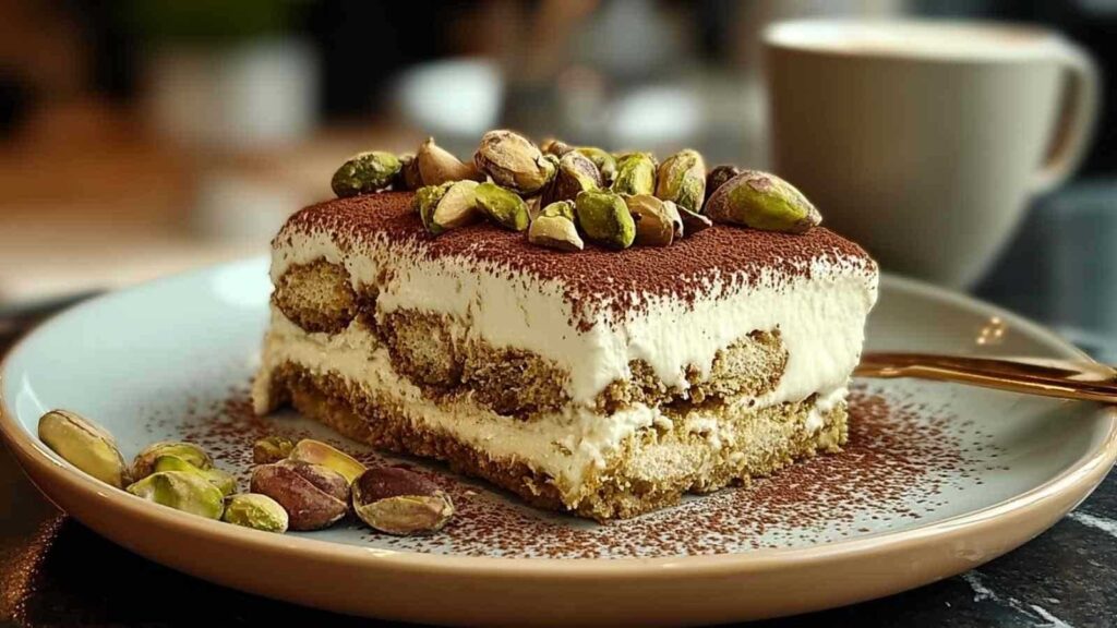 Pistazien-Tiramisu in Glasschale mit gehackten Pistazien als Dekoration