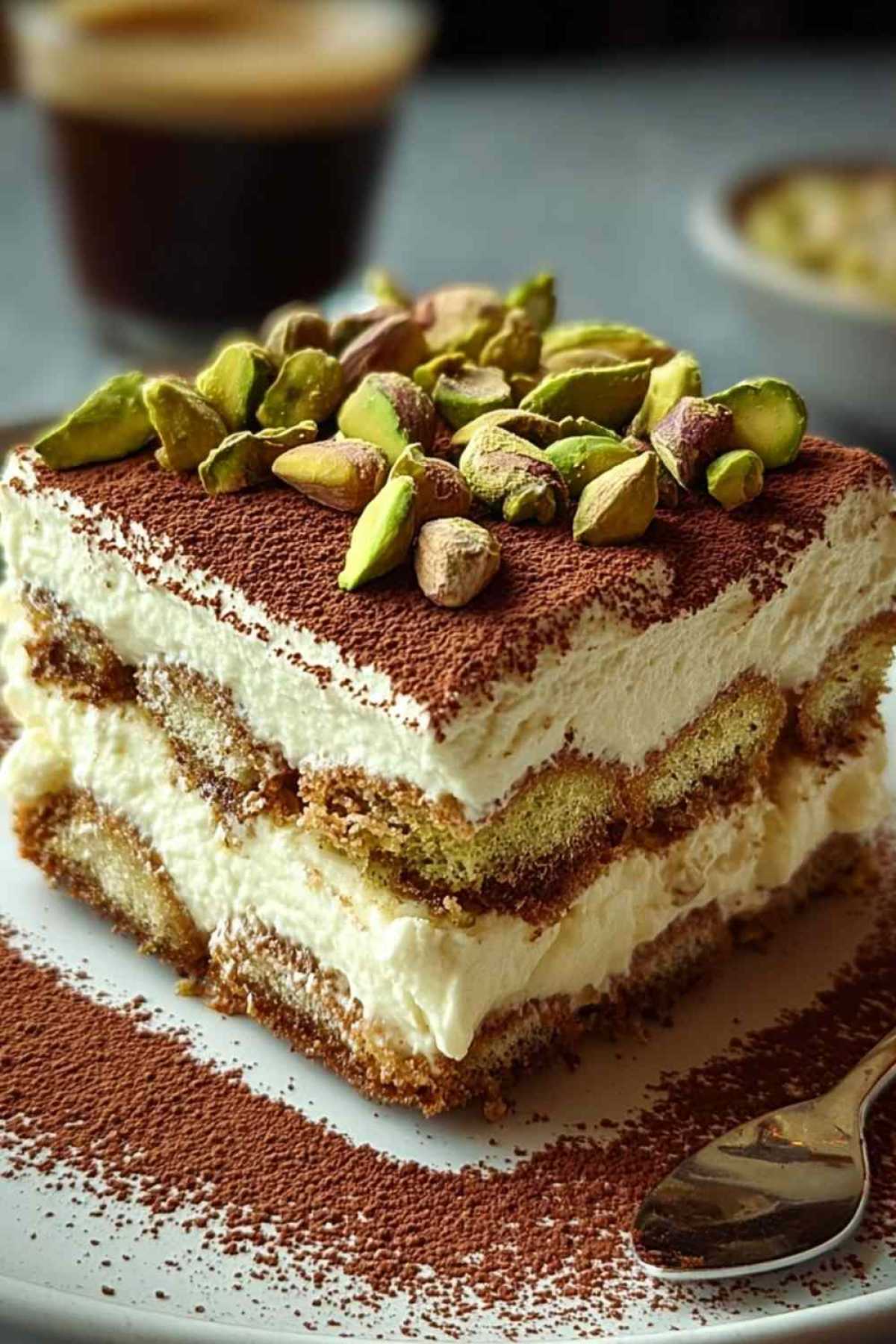 Pistazien-Tiramisu in Glasschale mit gehackten Pistazien als Dekoration