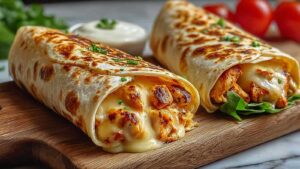 Käse-Geschmack Hühnchen Wraps diagonal aufgeschnitten zeigen cremige Käse-Hähnchen-Füllung