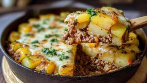 Kartoffelpfanne mit Hackfleisch goldbraun angebraten mit Paprika und Erbsen in großer Pfanne
