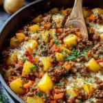 Kartoffelpfanne mit Hackfleisch goldbraun angebraten mit Paprika und Erbsen in großer Pfanne