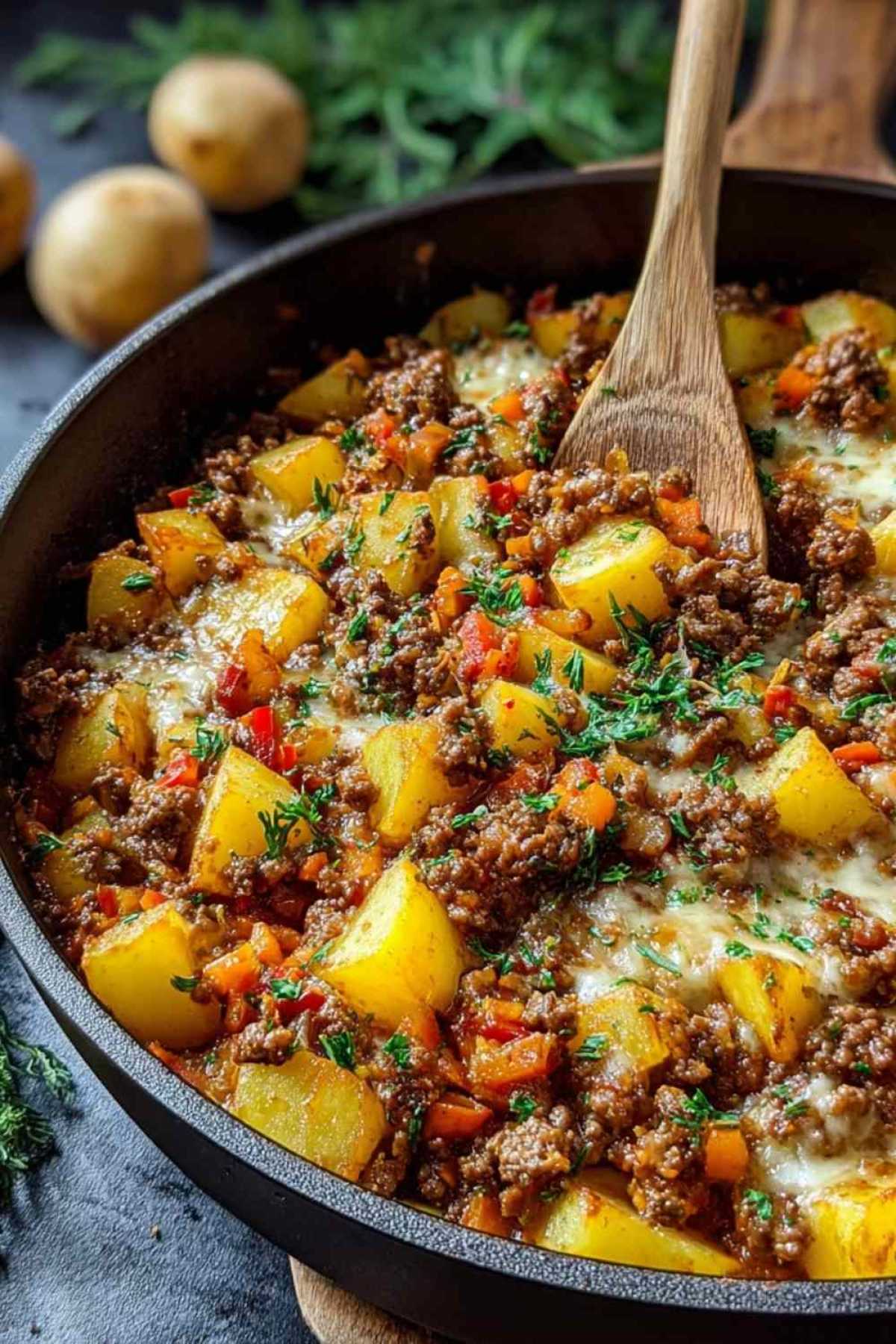Kartoffelpfanne mit Hackfleisch goldbraun angebraten mit Paprika und Erbsen in großer Pfanne