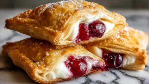 Goldbraune Kirschtaschen mit Frischkäsefüllung auf Backblech nach dem Backen