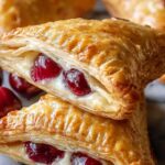Goldbraune Kirschtaschen mit Frischkäsefüllung auf Backblech nach dem Backen
