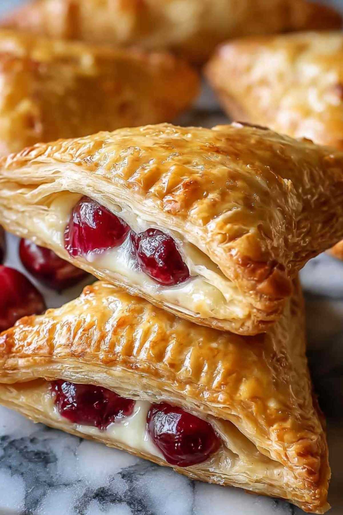Goldbraune Kirschtaschen mit Frischkäsefüllung auf Backblech nach dem Backen