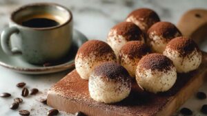 Kleine Tiramisu-Kugeln mit Kakao bestäubt auf weißer Servierplatte angerichtet