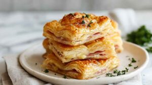 Blätterteig-Schinken-Käse-Türmchen goldbraun gebacken auf Backpapier zeigen perfekte Textur
