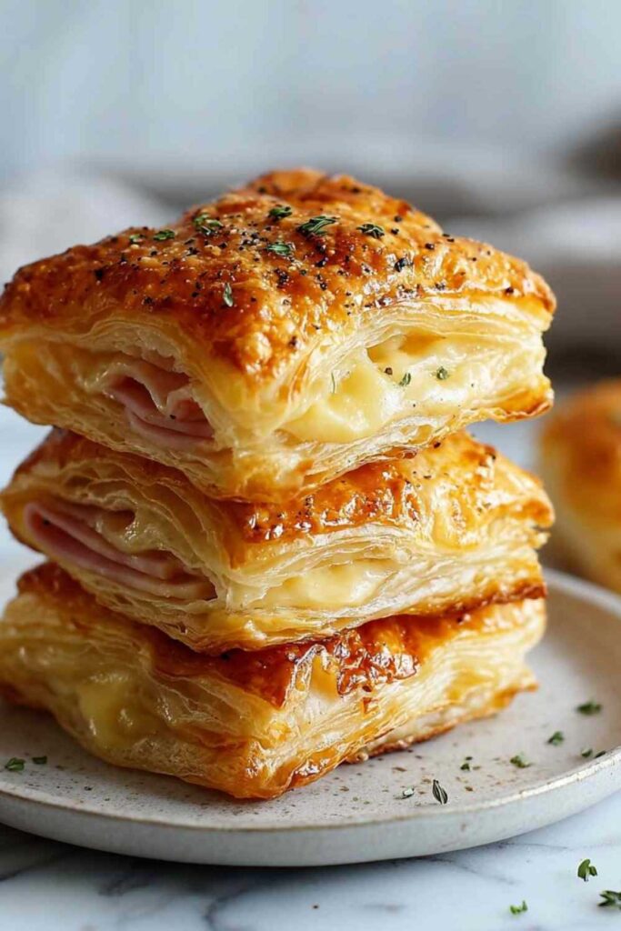 Blätterteig-Schinken-Käse-Türmchen zeigen geschmolzene Käse-Schinken-Füllung