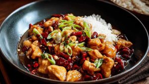Kung Pao Hähnchen wird in einer Pfanne gebraten mit Paprika Erdnüssen und würziger Sauce