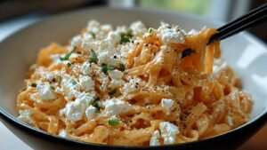 Cremige Protein-Nudeln mit Hüttenkäse garniert mit frischen Kräutern in weißer Schüssel