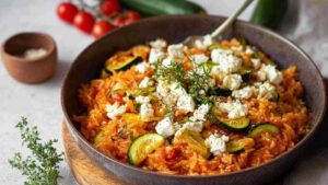 Mediterrane Zucchini-Reis-Pfanne mit geschmolzenem Feta und frischen Kräutern in schwarzer Pfanne