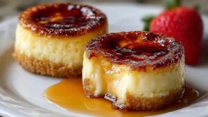 Mini Crème Brûlée Käsekuchen mit perfekt karamellisierter goldener Zuckerkruste auf weißen Tellern