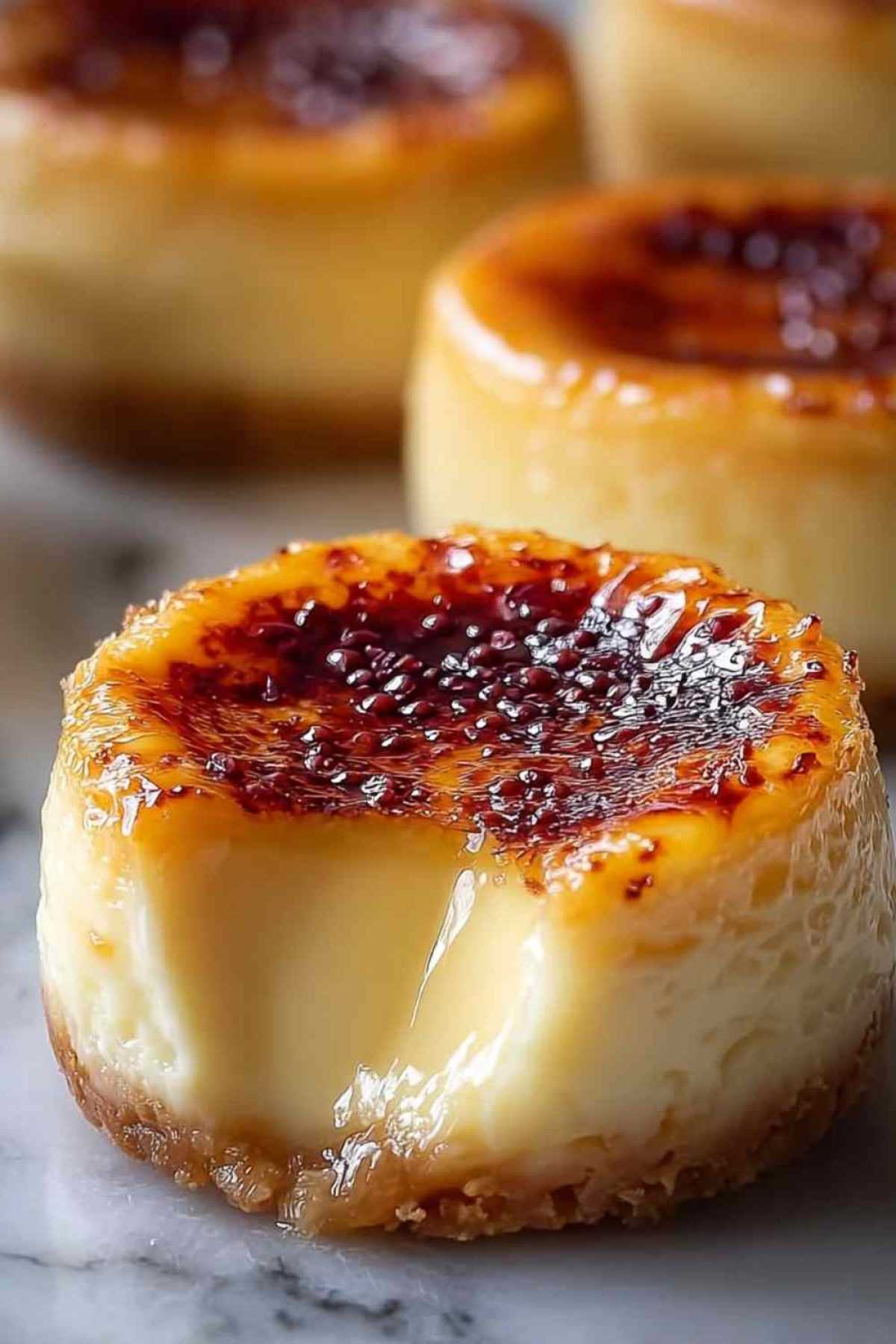 Mini Crème Brûlée Käsekuchen mit perfekt karamellisierter goldener Zuckerkruste auf weißen Tellern