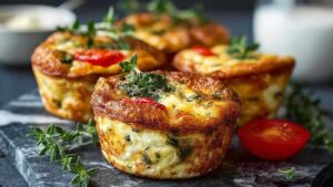 Mini-Quiches mit Gemüse frisch gebacken auf Drahtgitter zeigen goldbraune