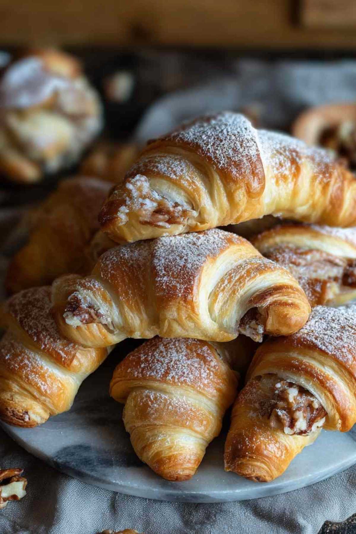 Goldbraune Nusshörnchen frisch aus dem Ofen auf Backpapier mit glänzender Oberfläche