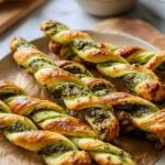 Frisch gebackene Pesto-Twists auf Backblech