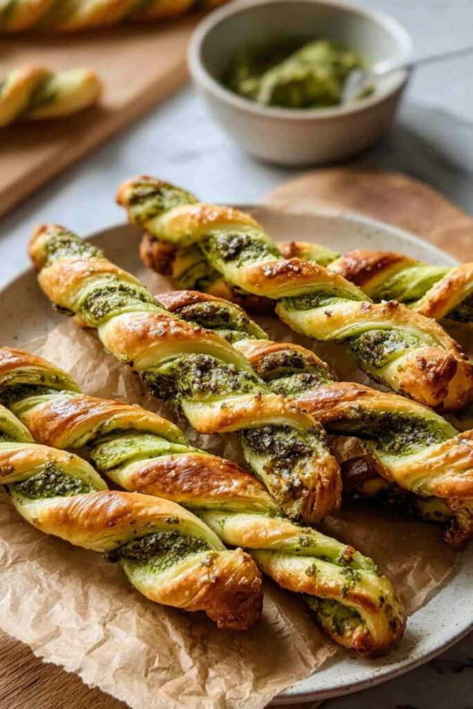 Frisch gebackene Pesto-Twists auf Backblech