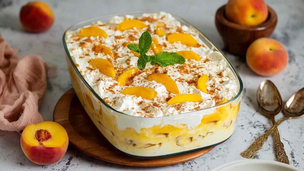 Pfirsich Tiramisu in Glasschüssel mit gerösteten Mandelblättchen und frischer Minze garniert
