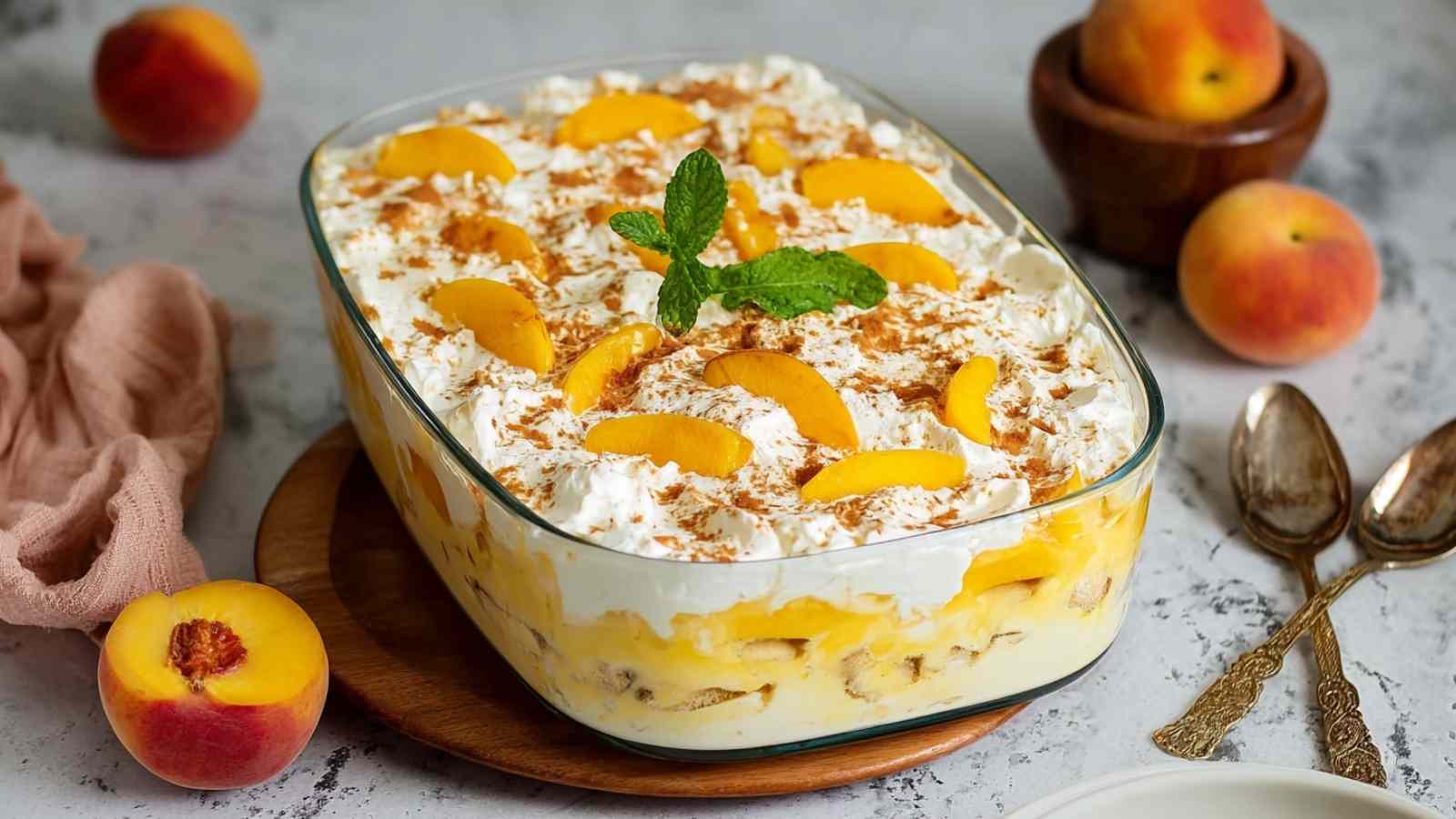 Pfirsich Tiramisu in Glasschüssel mit gerösteten Mandelblättchen und frischer Minze garniert