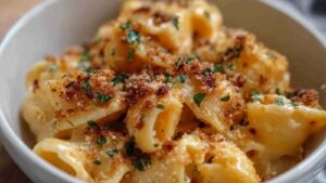 Protein-Makkaroni mit Käse serviert in weißer Schüssel mit cremiger Käsesauce