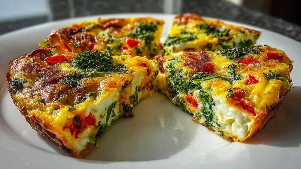 Gesunde Frittata mit Spinat und Feta in backofenfester Pfanne goldbraun gebacken