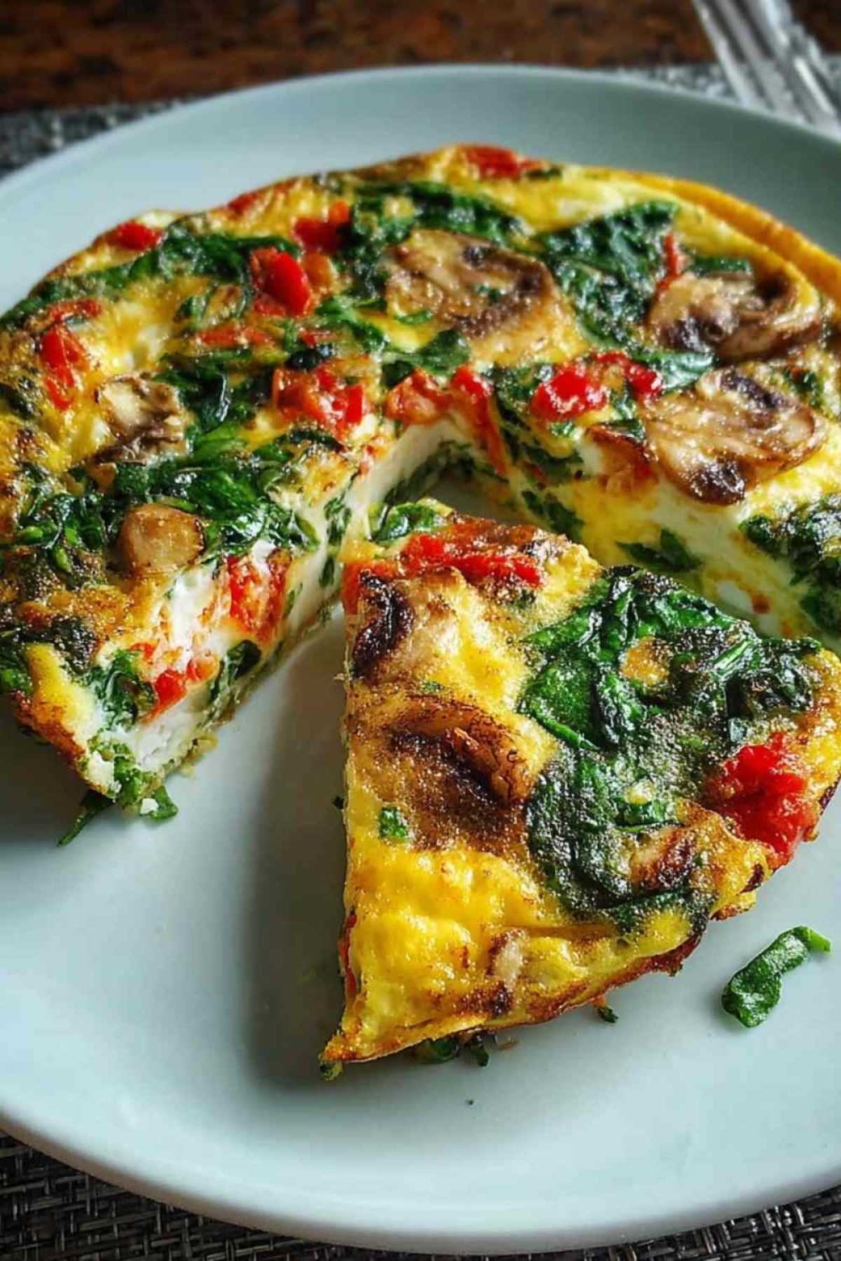 Gesunde Frittata mit Spinat und Feta in backofenfester Pfanne goldbraun gebacken