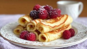 Quark Pfannkuchen ohne Mehl goldbraun gebraten auf weißem Teller mit frischen Beeren