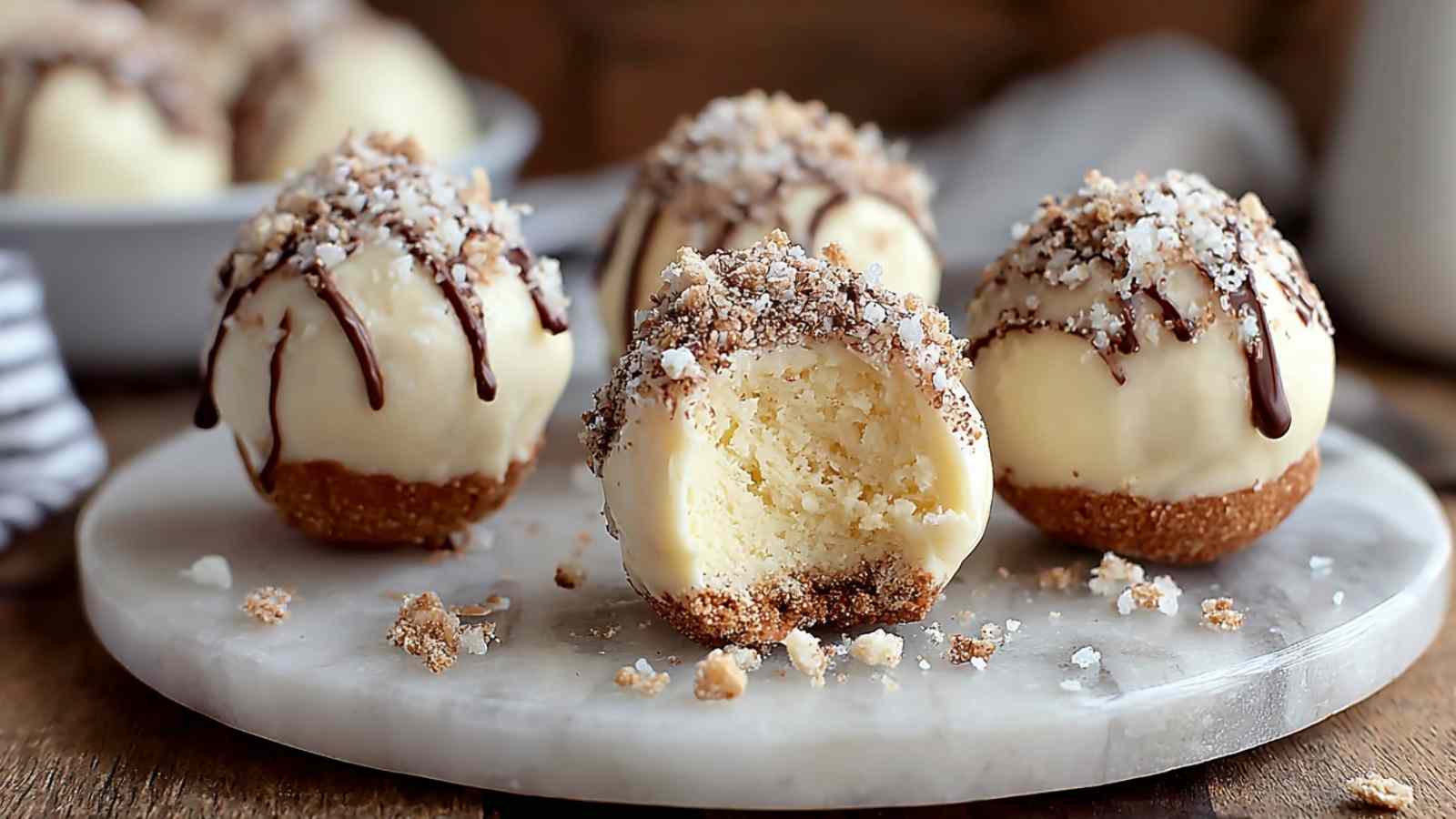 Schnelle Käsekuchen-Kugeln in Kokosraspeln und Kakaopulver gewälzt auf weißem Teller