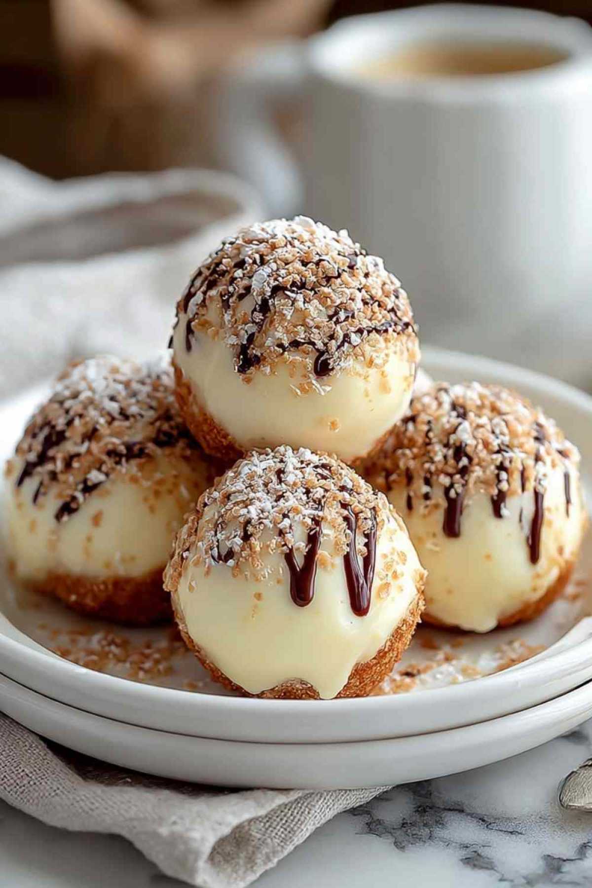 Schnelle Käsekuchen-Kugeln in Kokosraspeln und Kakaopulver gewälzt auf weißem Teller