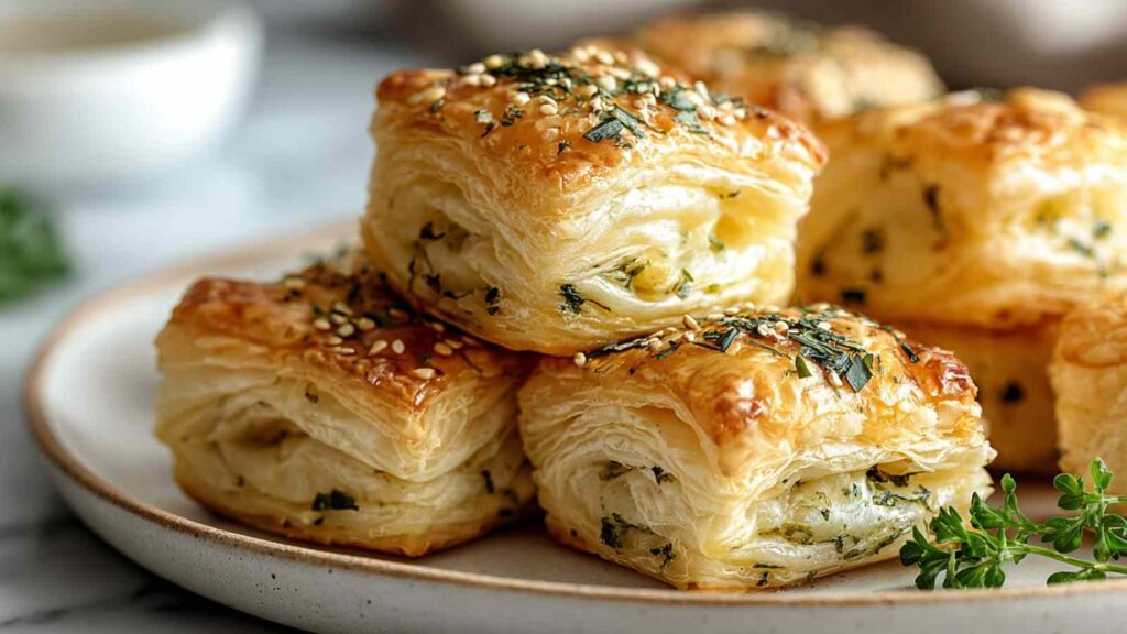 Kräuter-Käse-Blätterteig-Häppchen goldbraun gebacken auf Backpapier