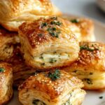 Aufgeschnittene Kräuter-Käse-Blätterteig-Häppchen zeigen cremige Käse-Kräuter-Füllung