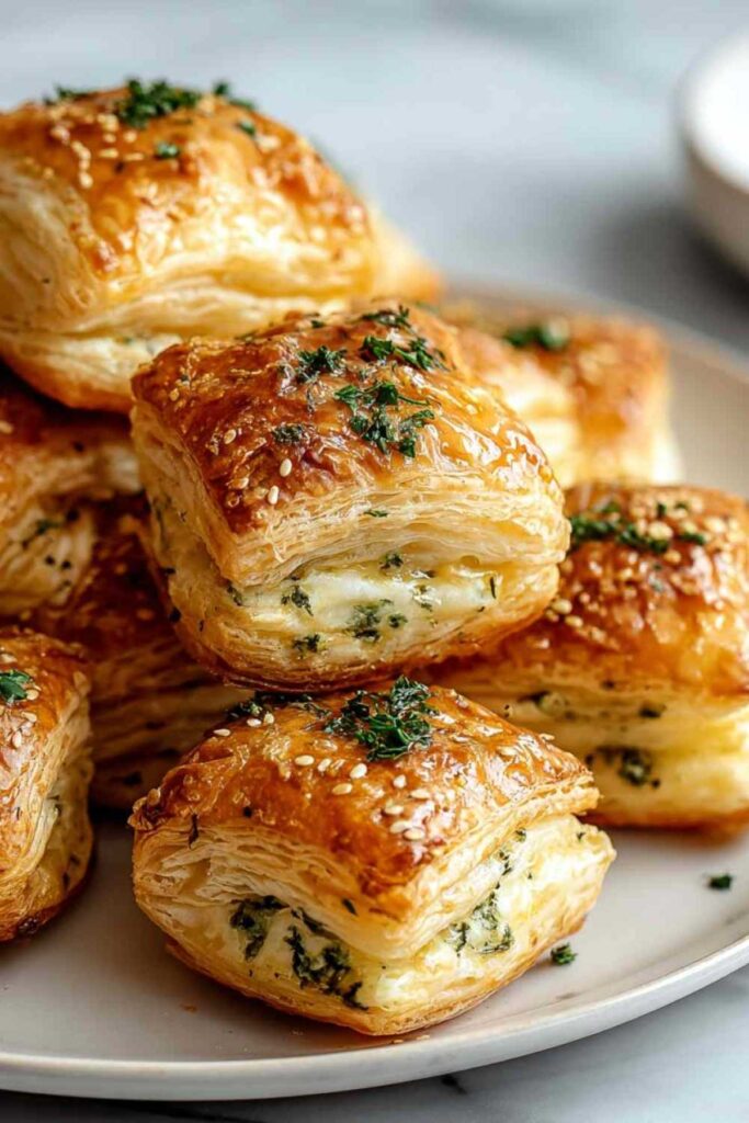 Aufgeschnittene Kräuter-Käse-Blätterteig-Häppchen zeigen cremige Käse-Kräuter-Füllung