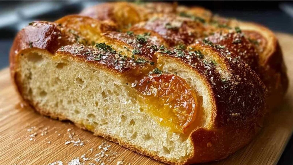 Goldbraunes schnelles Airfryer Brot auf Holzbrett mit knuspriger Kruste