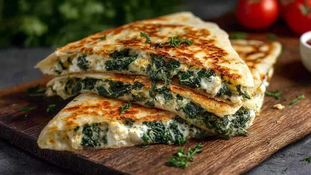 Goldbraune Spinat-Feta-Quesadillas in Viertel geschnitten auf rustikalem Holzbrett serviert