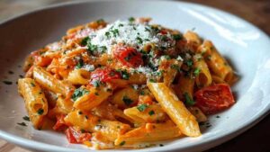 Cremige Tomaten-Knoblauch-Pasta mit frischem Basilikum in rustikaler weißer Schüssel serviert