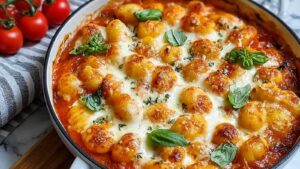 Gnocchi Auflauf Tomate Mozzarella in Auflaufform mit geschmolzenem goldbraunem Käse