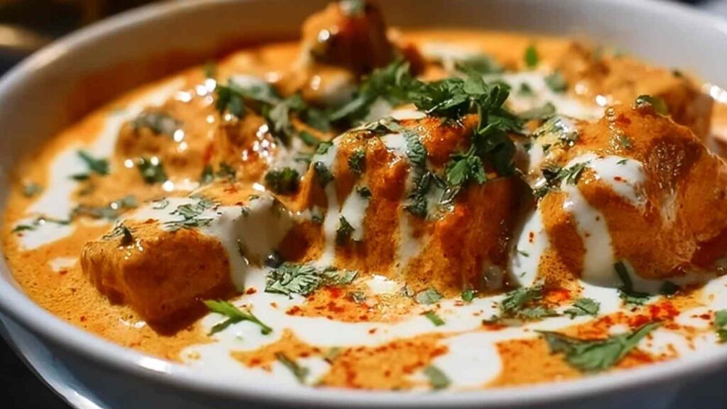 Halloumi Makhani wird in einer Pfanne gekocht mit cremiger Tomaten-Sahne-Sauce und goldbraun gebratenem Halloumi