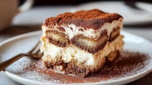 Cremiges Tiramisu ohne Ei und Alkohol in einer Glasschale mit Kakaopulver bestäubt