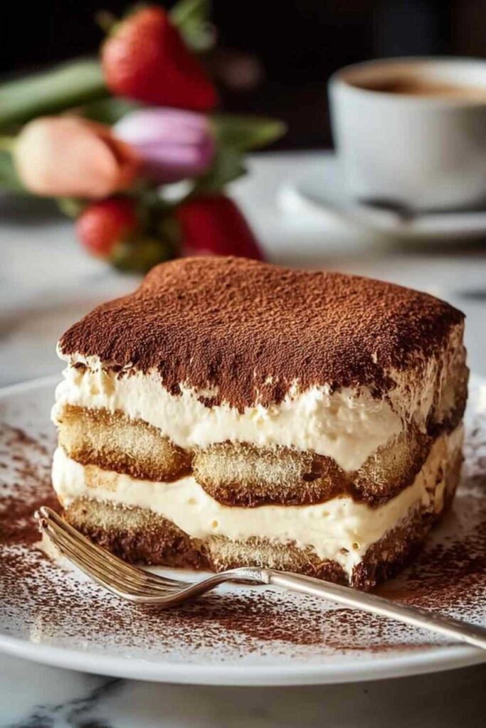 Cremiges Tiramisu ohne Ei und Alkohol in einer Glasschale mit Kakaopulver bestäubt