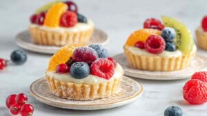 Vanille-Tartelettes mit Obst auf Kuchengitter zeigen goldenen Mürbteig und cremige Vanillefüllung