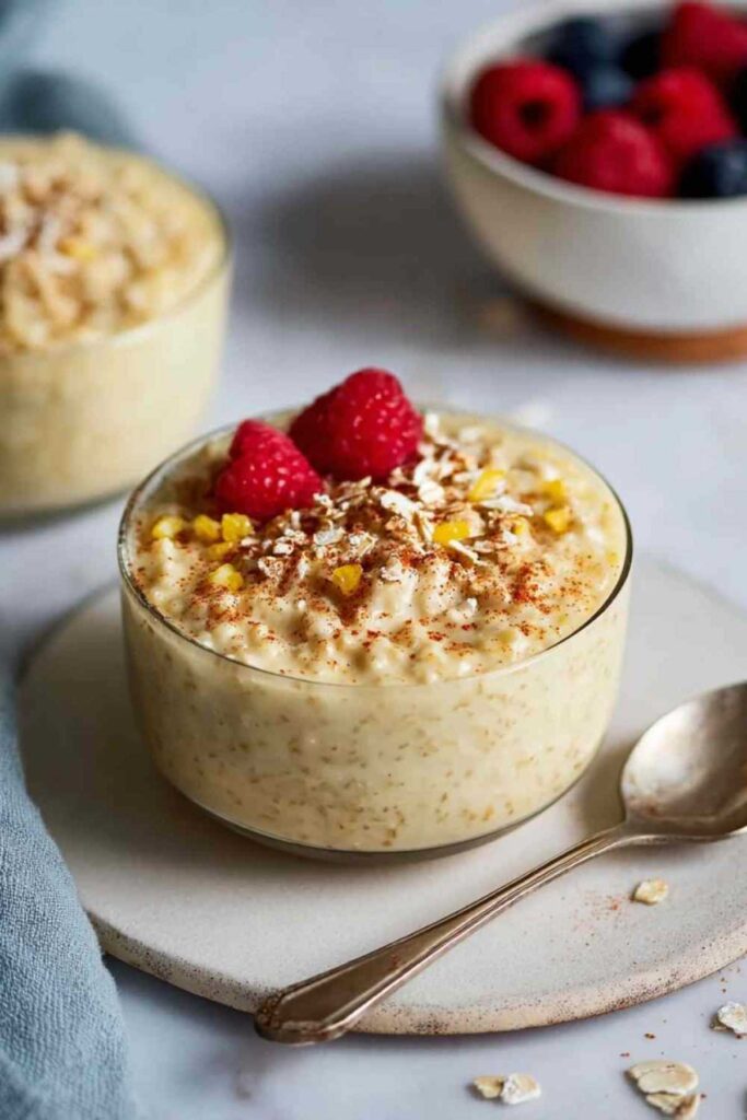 Vanillepudding Oats in weißer Schüssel mit frischen Beeren als Topping