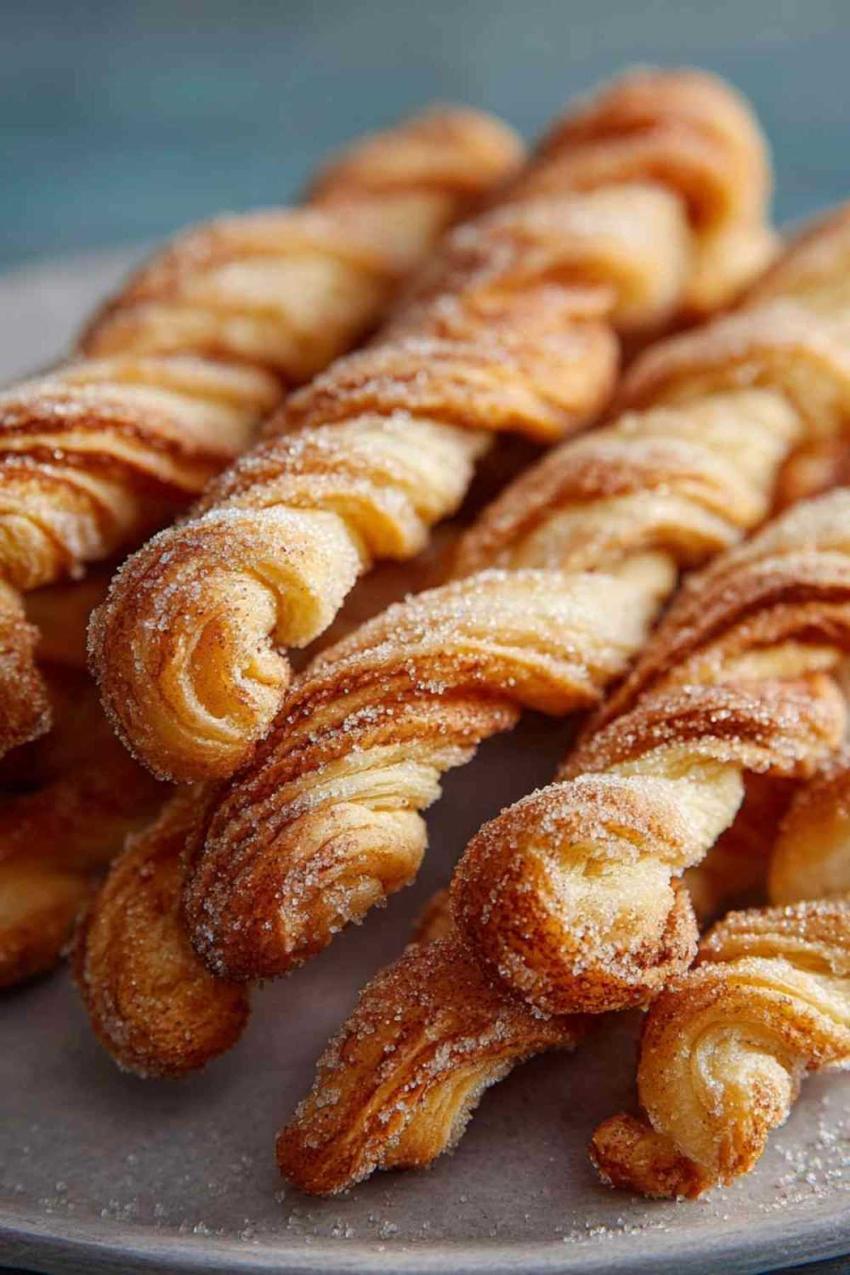 Zimt Zucker Twists aus Blätterteig goldbraun gebacken auf Backpapier