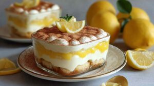 Fertiges Zitronen-Tiramisu ohne Ei in ovaler Auflaufform mit Lemon Curd-Dekoration
