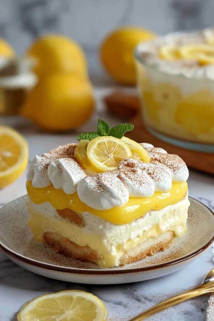 Fertiges Zitronen-Tiramisu ohne Ei in ovaler Auflaufform mit Lemon Curd-Dekoration